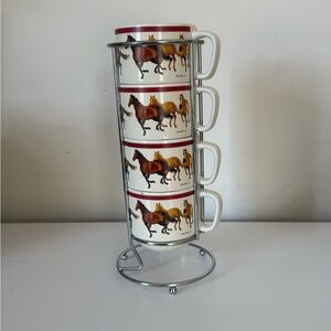 Stackable Horse-Print Ceramic Mug Set in White and Brown with Rack
